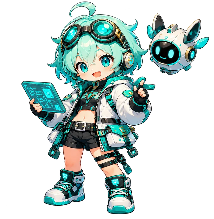 A Chaos Crew character with mint goggles and a small robot companion
