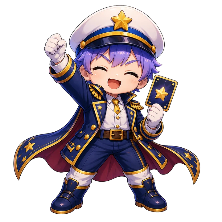 A Crew Shuffle character holding a star card and wearing a captain’s hat