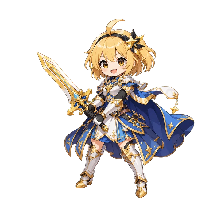 A Daily Arena character with a star-adorned sword and blue cape