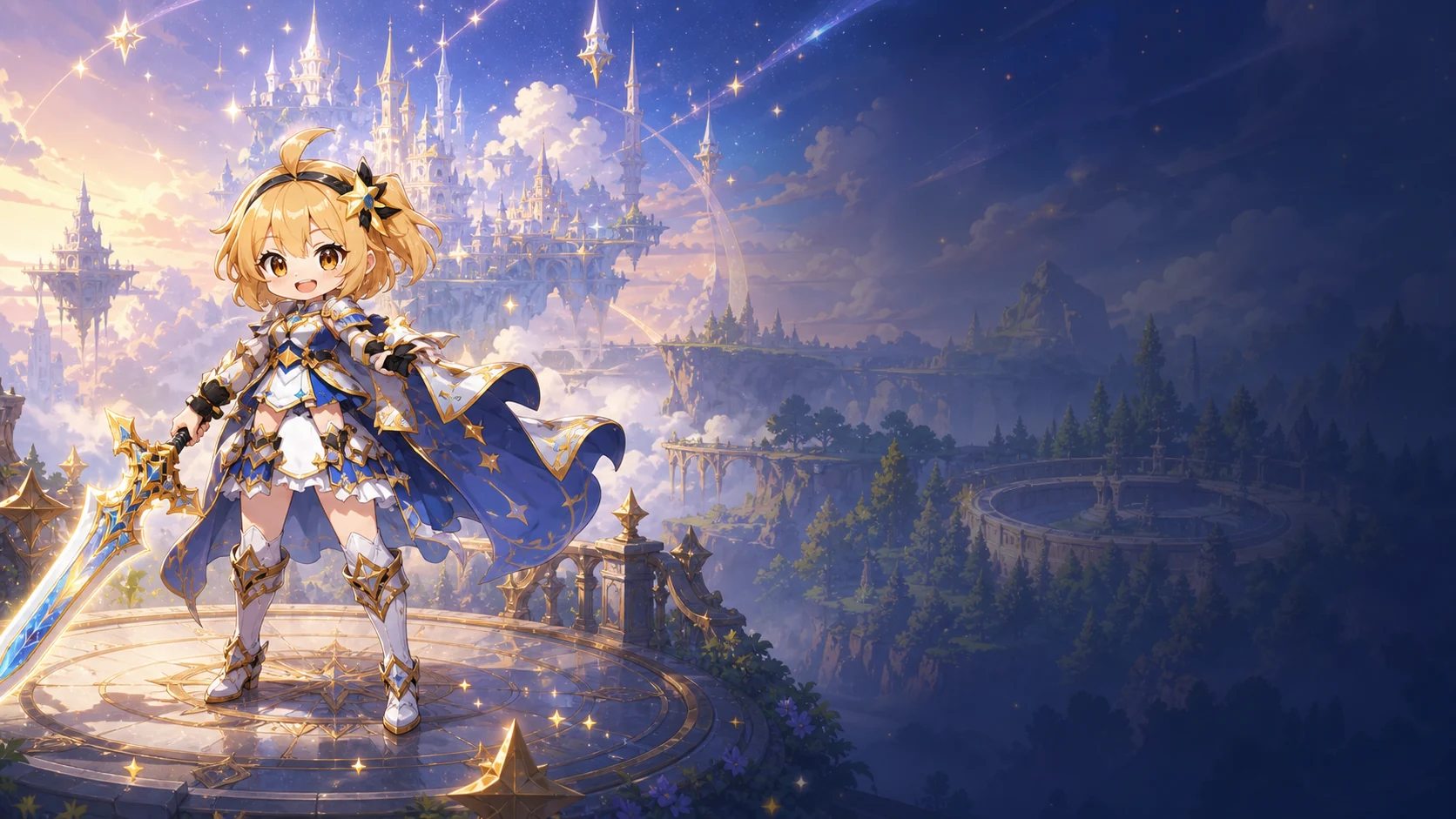 A Nova Pals character with a golden sword beneath a starlit castle in the sky