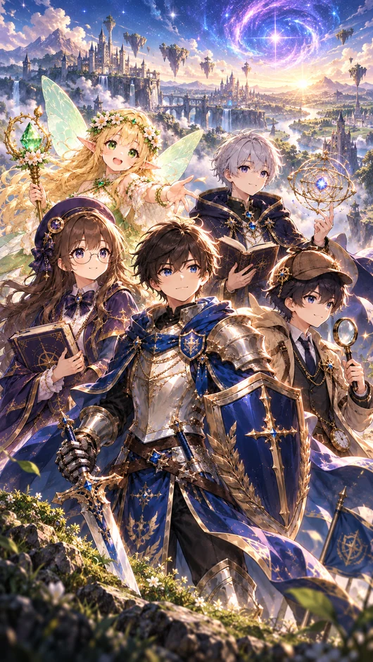 Quiz Nova Quest companions with books and swords in front of a starlit castle
